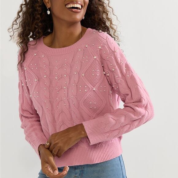 NWT Francesca’s Beverly Pearl Embellished Cable Pullover Sweater Pink Plush Soft - Picture 1 of 4